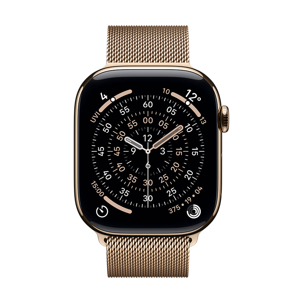 Apple Watch Series 11 GPS + Cellular - 46 mm kullanvärinen titaanikuori ja kullanvärinen milanolaisranneke - S/M