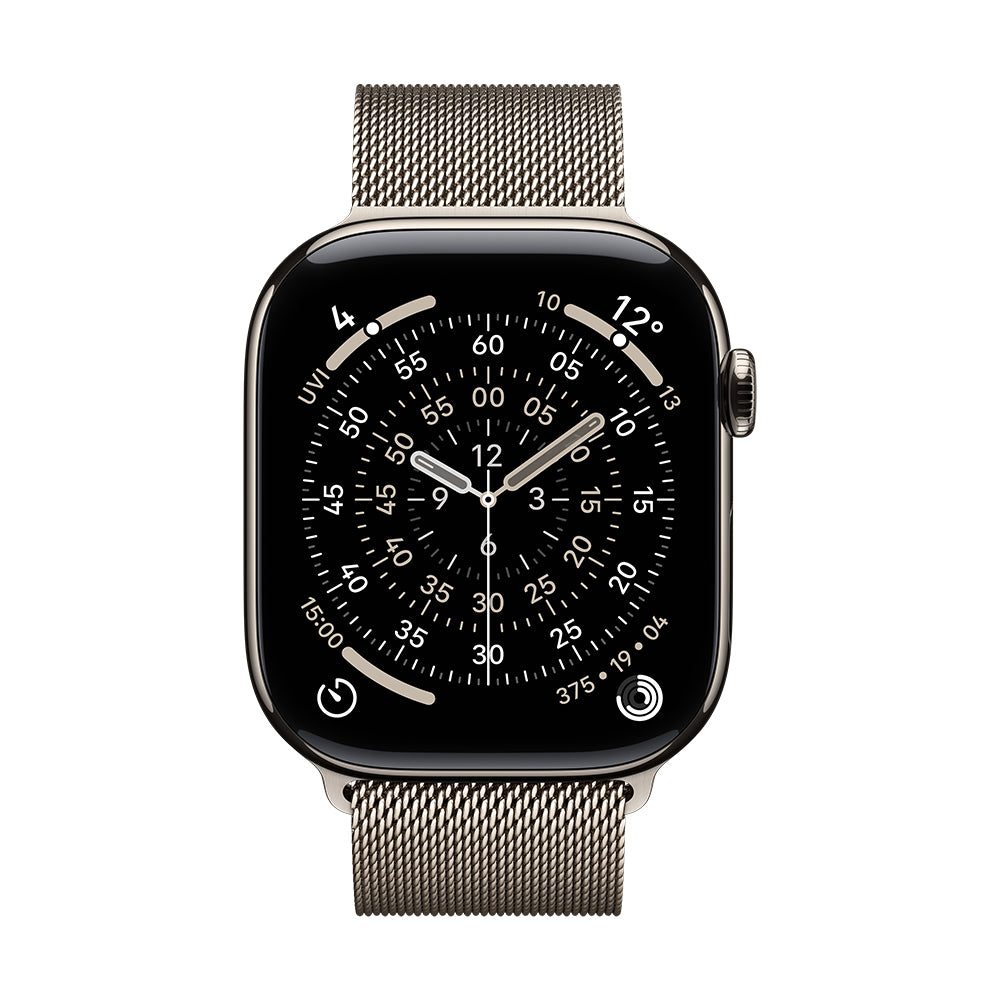 Apple Watch Series 11 GPS + Cellular - 42 mm luonnontitaaninen kuori ja luonnonvaalea milanolaisranneke
