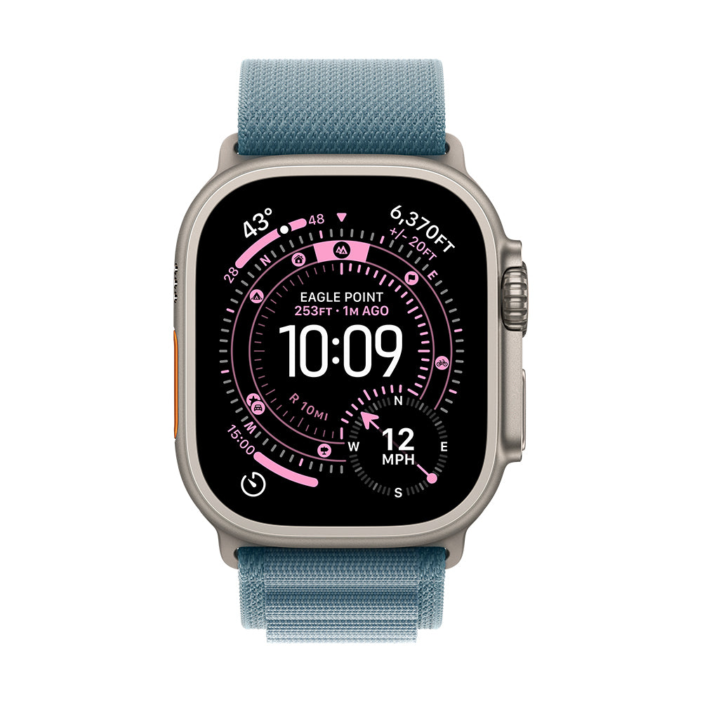 Apple Watch Ultra 3 (GPS + Cellular) - 49 mm luonnonvaalea titaanikuori ja vaaleansininen Alpine-ranneke - pieni