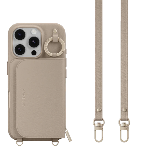 MagEasy Pouch M irroitettava lompakko- ja suojakuori kantohihnalla iPhone 16 Pro - kamelinruskea