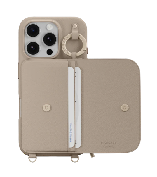 MagEasy Pouch M irroitettava lompakko- ja suojakuori kantohihnalla iPhone 16 Pro - kamelinruskea
