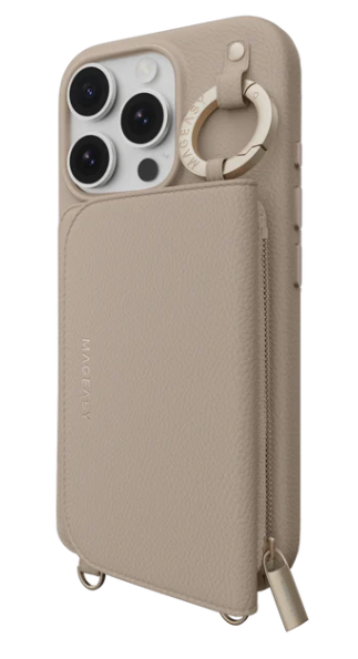 MagEasy Pouch M irroitettava lompakko- ja suojakuori kantohihnalla iPhone 16 Pro - kamelinruskea