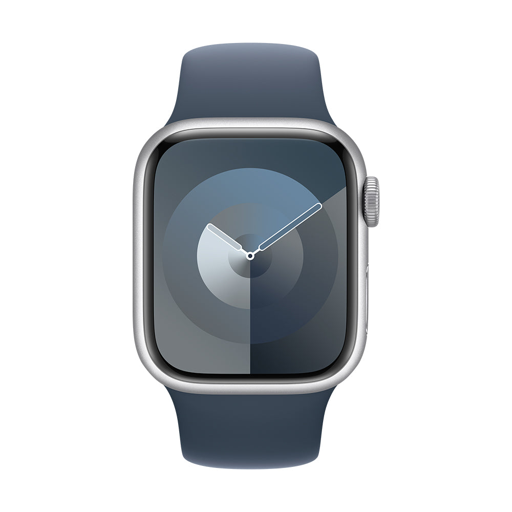 Apple Watch Series 9 (GPS) - 41 mm hopea alumiinikuori ja myrskynsininen urheiluranneke, S/M