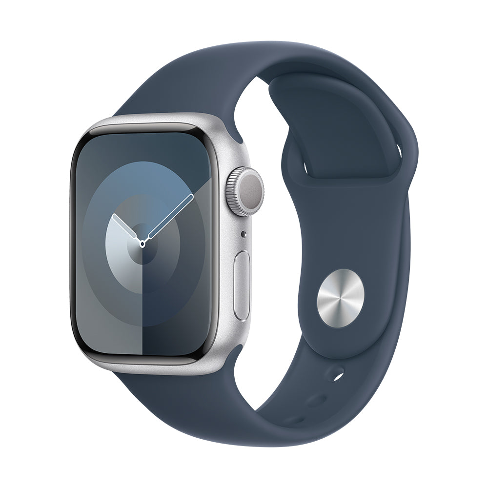 Apple Watch Series 9 (GPS) - 41 mm hopea alumiinikuori ja myrskynsininen urheiluranneke, M/L