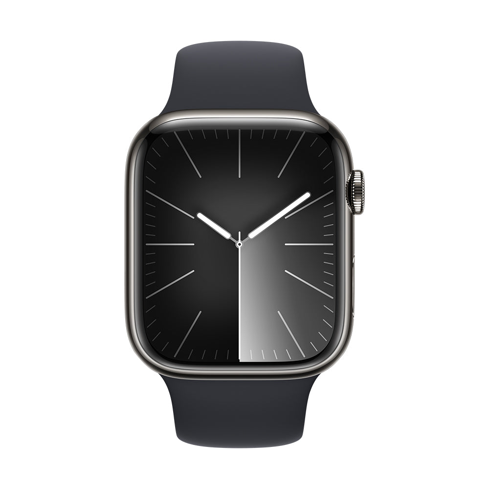 Apple Watch Series 9 (GPS+ Cellular) - 45 mm grafiitinvärinen ruostumaton teräskuori ja keskiyönvärinen urheiluranneke, M/L