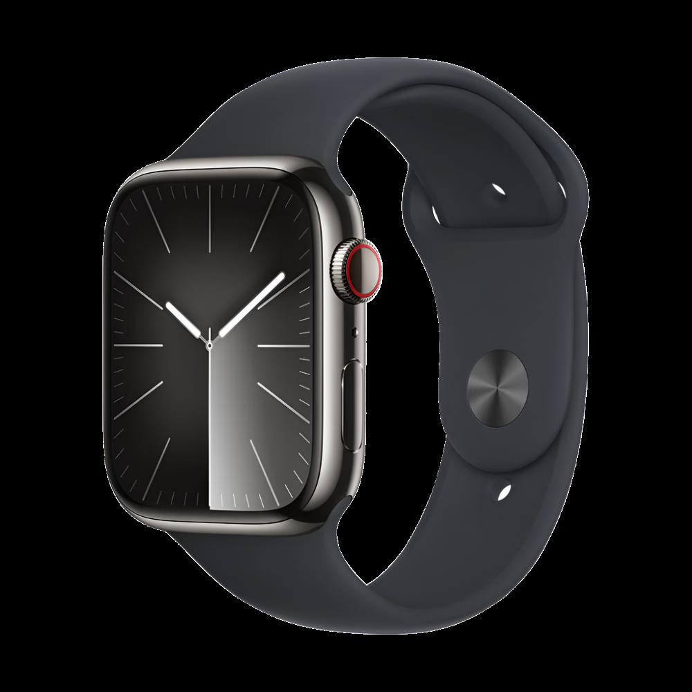 Apple Watch Series 9 (GPS+ Cellular) - 45 mm grafiitinvärinen ruostumaton teräskuori ja keskiyönvärinen urheiluranneke, S/M