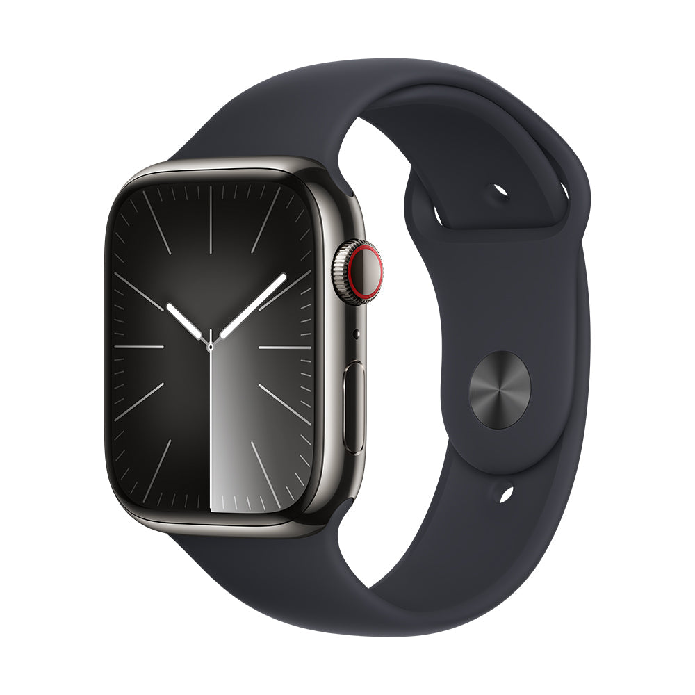 Apple Watch Series 9 (GPS+ Cellular) - 41 mm grafiitinvärinen ruostumaton teräskuori ja keskiyönvärinen urheiluranneke, M/L