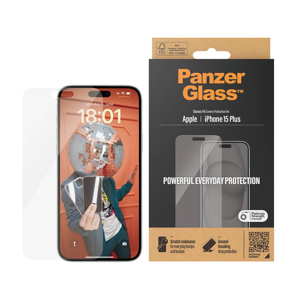 PanzerGlass panssarilasi iPhone 15 Plus, reunoilta vajaa