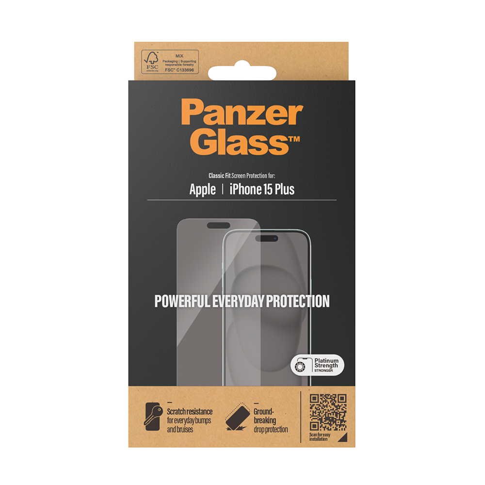 PanzerGlass panssarilasi iPhone 15 Plus, reunoilta vajaa