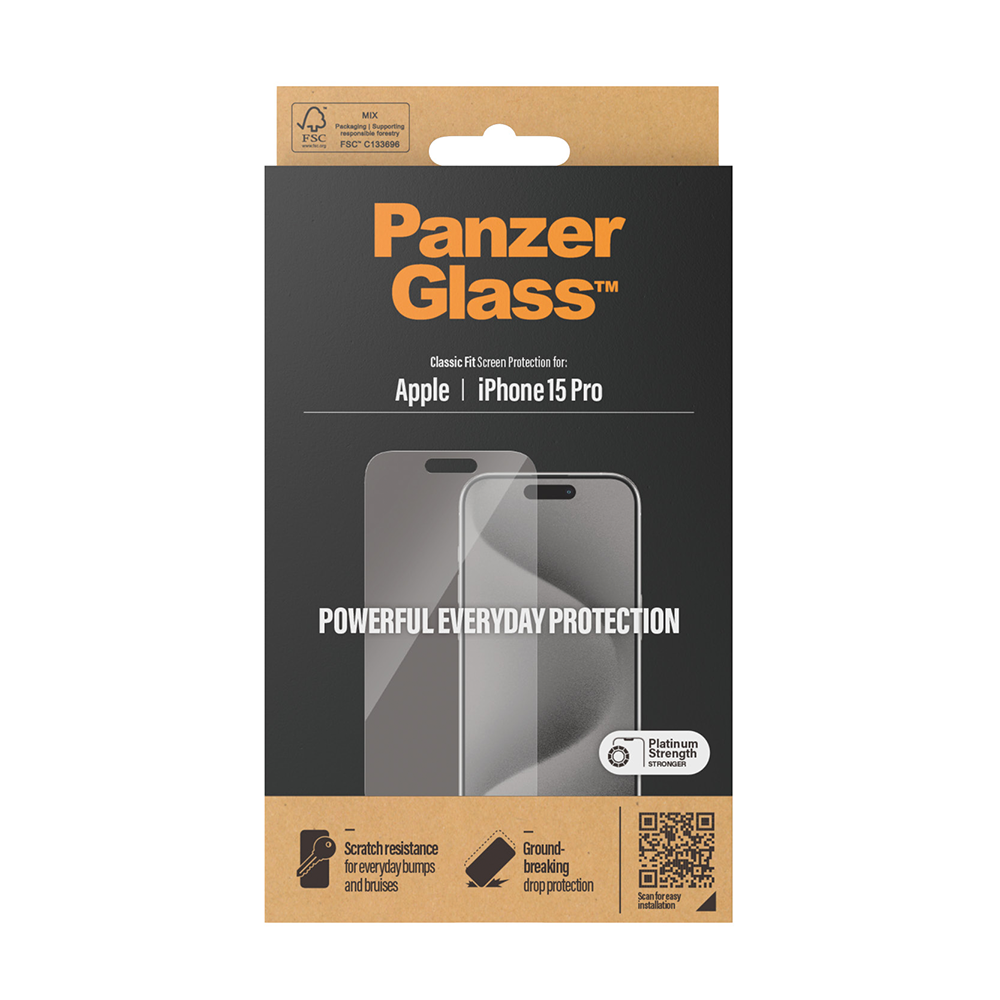 PanzerGlass panssarilasi iPhone 15 Pro, reunoilta vajaa