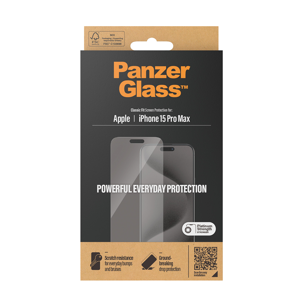 PanzerGlass panssarilasi iPhone 15 Pro Max, reunoilta vajaa