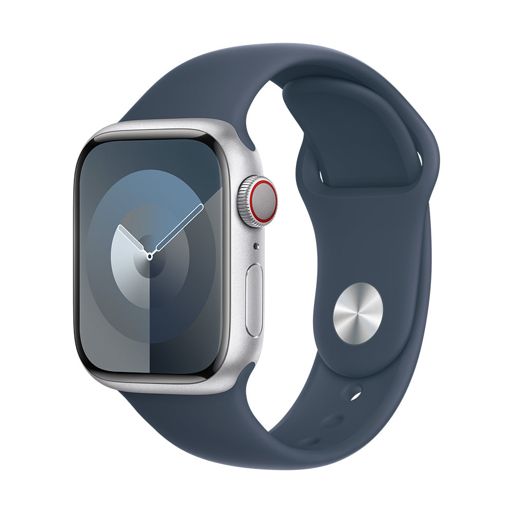 Apple Watch Series 9 (GPS+Cellular) - 45 mm hopea alumiinikuori ja myrskynsininen urheiluranneke, M/L