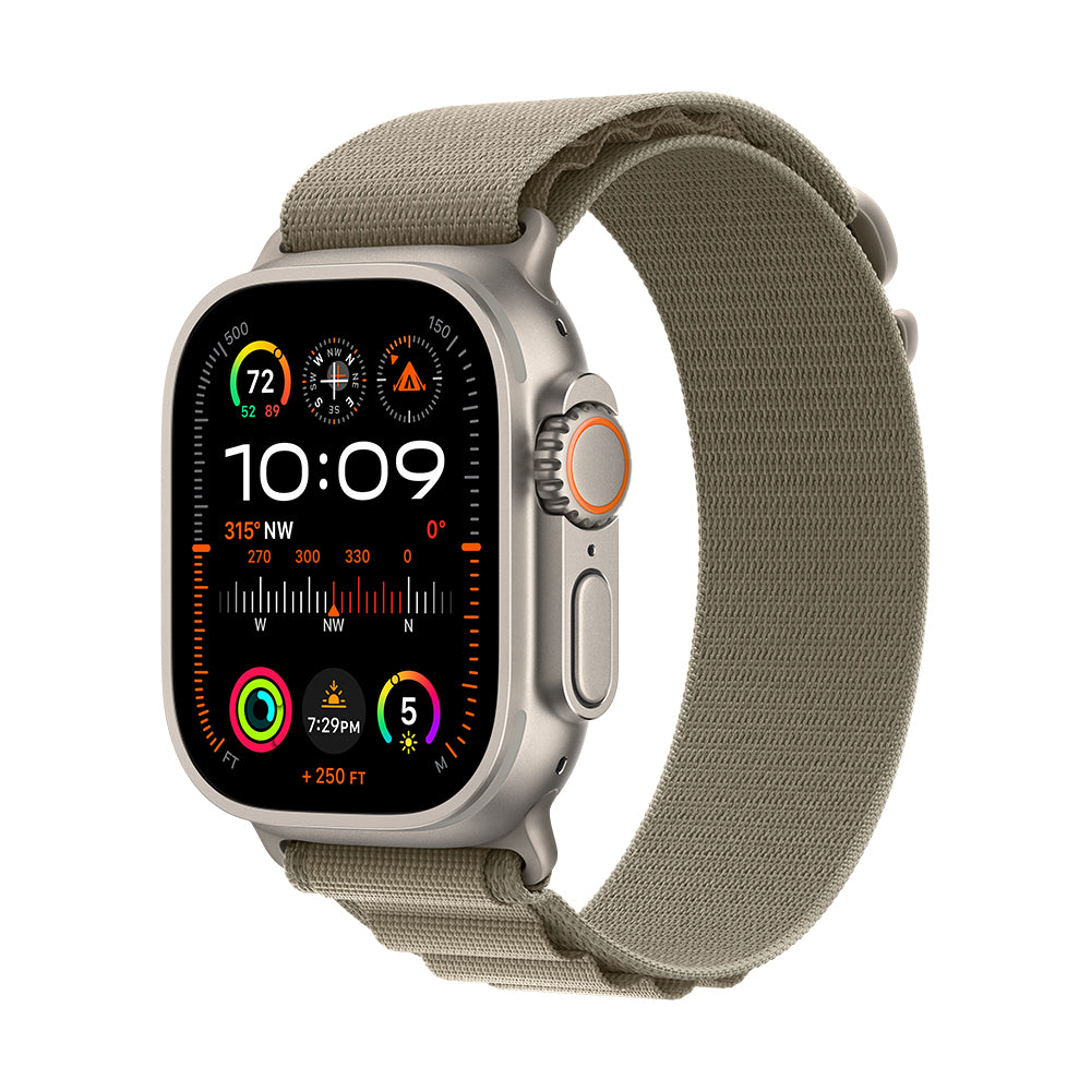 Apple Watch Ultra 2 (GPS+Cellular) - 49 mm titaanikuori ja oliivinvihreä Alpine-ranneke - pieni