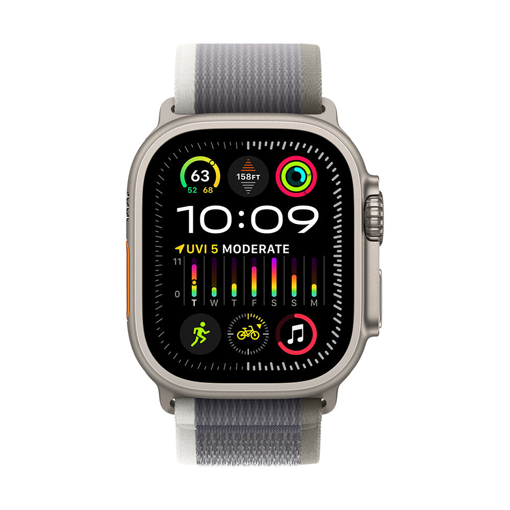 Apple Watch Ultra 2 (GPS+Cellular) - 49 mm titaanikuori ja vihreä/harmaa Trail-ranneke, M/L