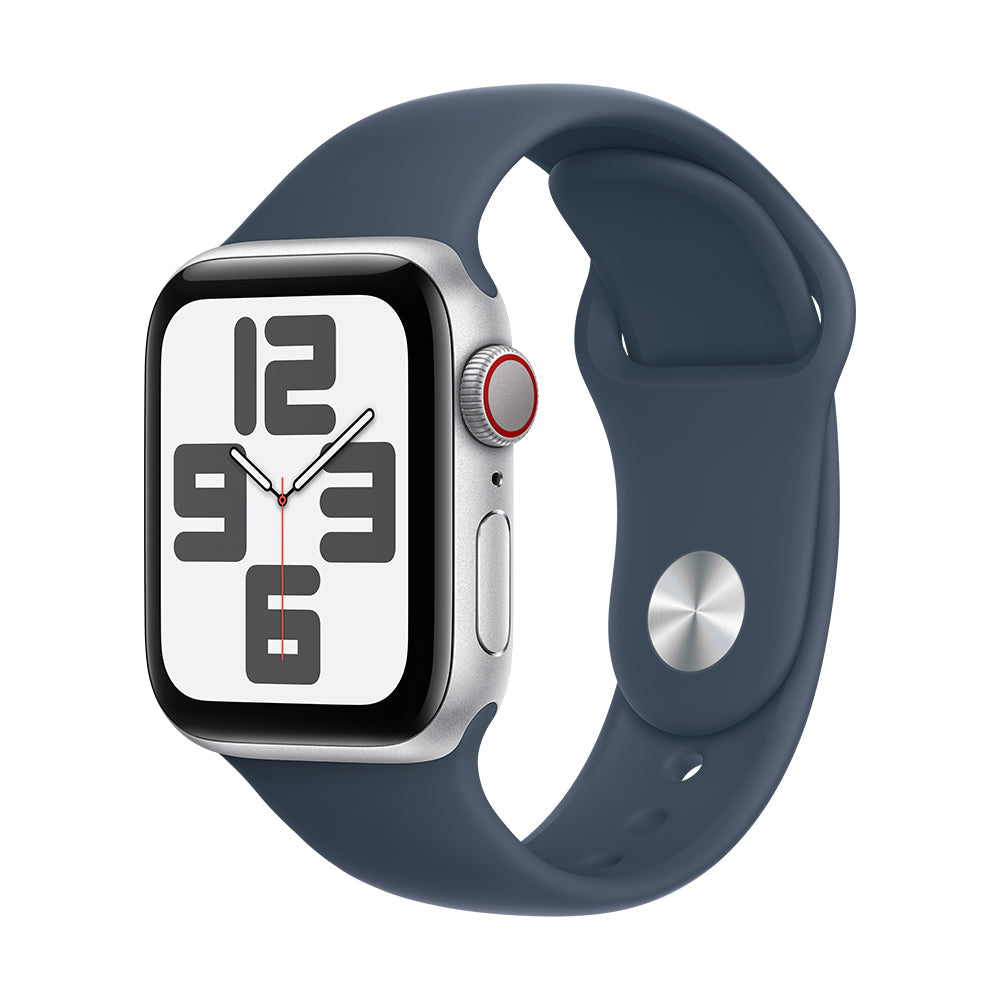 Apple Watch SE (GPS+Cellular) - 44 mm hopea alumiinikuori ja myrskynsininen urheiluranneke, M/L