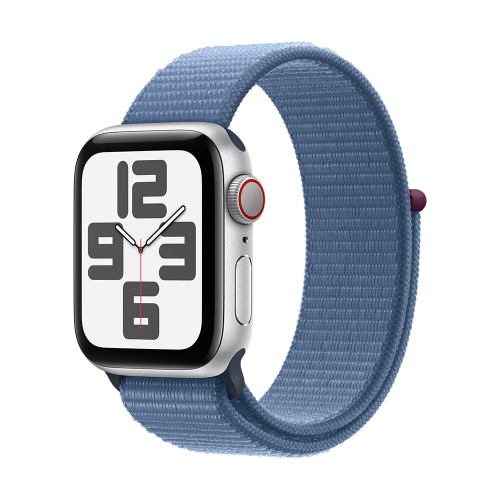Apple Watch SE (GPS+Cellular) - 44 mm hopea alumiinikuori ja talvensininen Sport Loop -ranneke