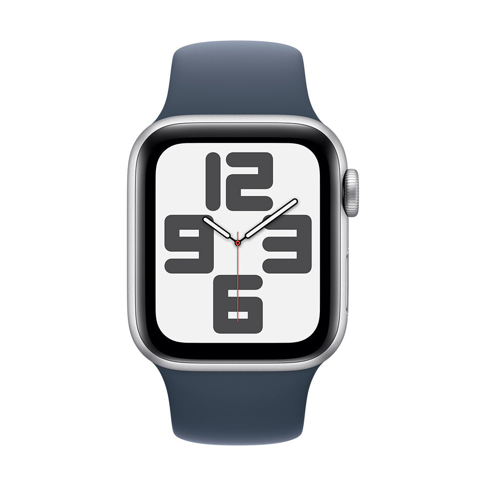 Apple Watch SE (GPS) - 44 mm hopea alumiinikuori ja myrskynsininen uhreiluranneke, M/L