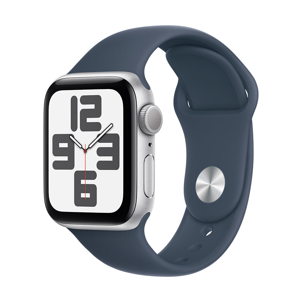 Apple Watch SE (GPS) - 44 mm hopea alumiinikuori ja myrskynsininen uhreiluranneke, M/L