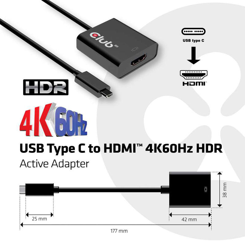 Club 3D USB-C-HDMI 2.0 UHD -sovitin, aktiivinen