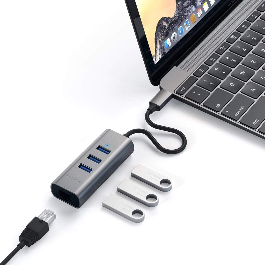 Satechi USB-C 2-IN-1 USB + Ethernet -sovitin - tähtiharmaa