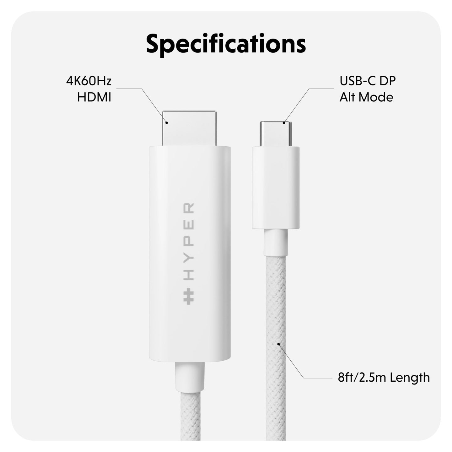 Hyper HyperDrive 4K USB-C to HDMI 2.5m Punottu Kaapeli - Valkoinen
