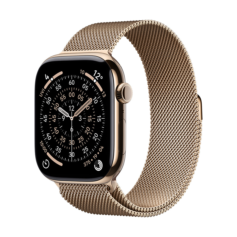 Apple Watch Series 11 GPS + Cellular, 42 mm kullanvärinen titaanikuori ja kullanvärinen milanolaisranneke