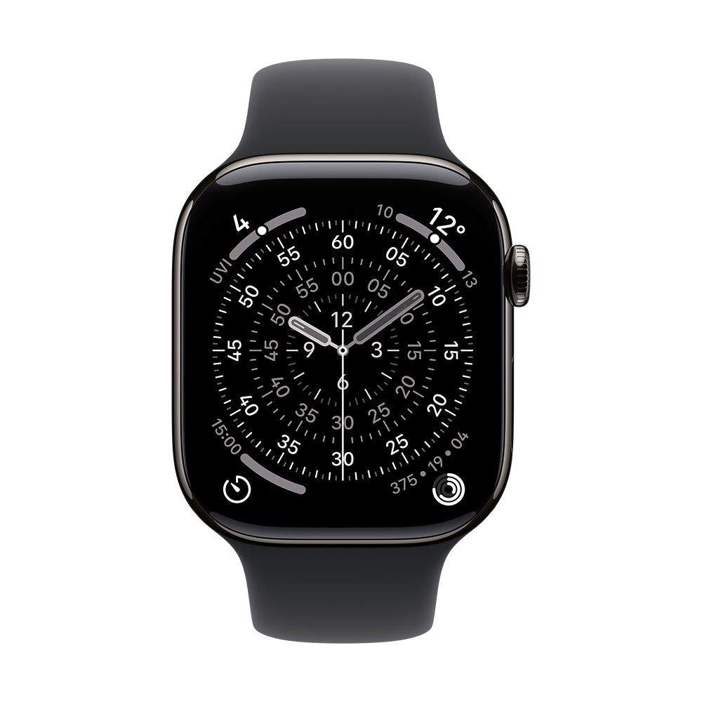 Apple Watch Series 11 GPS + Cellular - 46 mm liuskekiven värinen titaanikuori ja musta urheiluranneke - M/L
