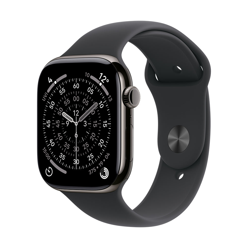 Apple Watch Series 11 GPS + Cellular - 46 mm liuskekiven värinen titaanikuori ja musta urheiluranneke - M/L