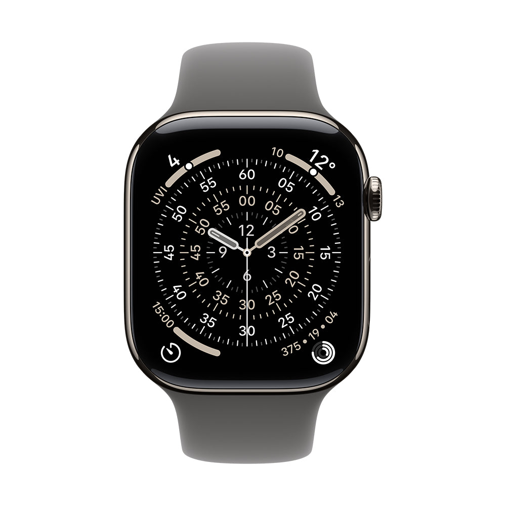 Apple Watch Series 11 GPS + Cellular - 42 mm luonnontitaaninen kuori ja liuskeenharmaa urheiluranneke - M/L