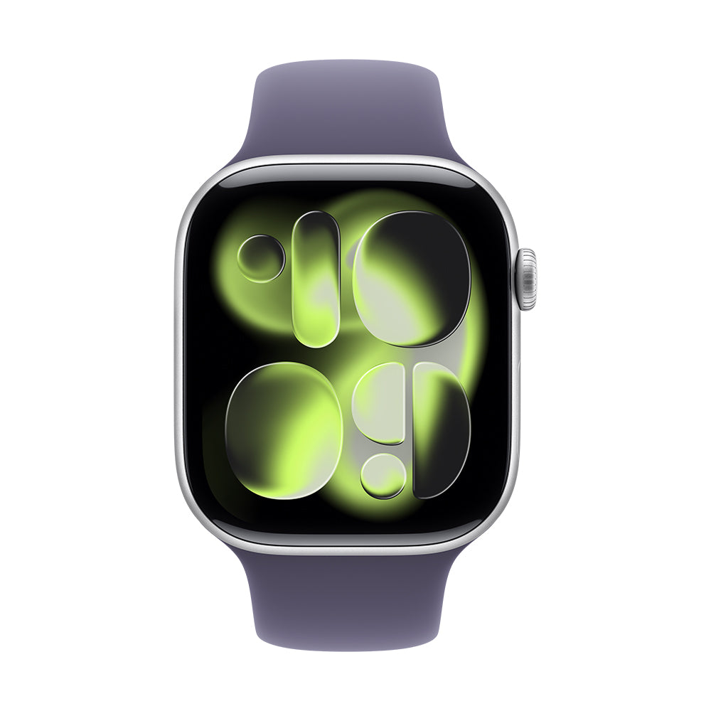 Apple Watch Series 11 GPS - 42 mm hopeanvärinen alumiinikuori ja usvanvioletti urheiluranneke - M/L