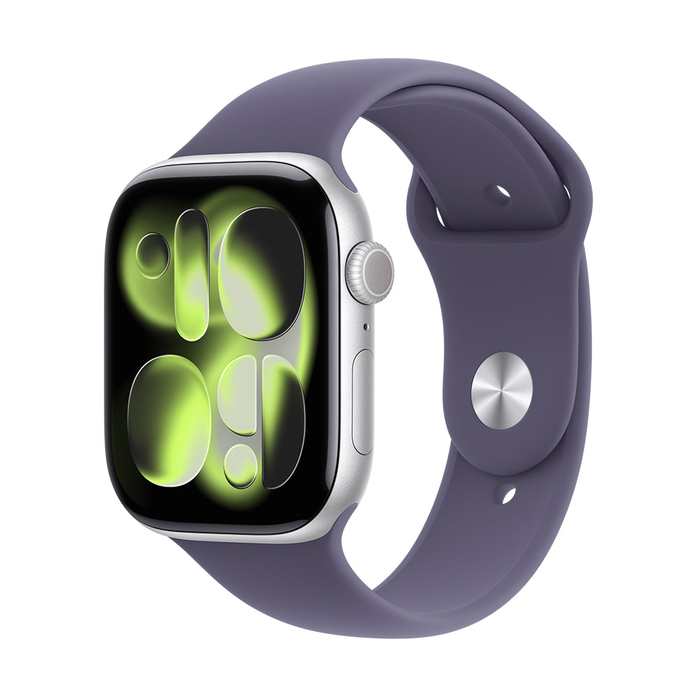 Apple Watch Series 11 GPS - 42 mm hopeanvärinen alumiinikuori ja usvanvioletti urheiluranneke - M/L