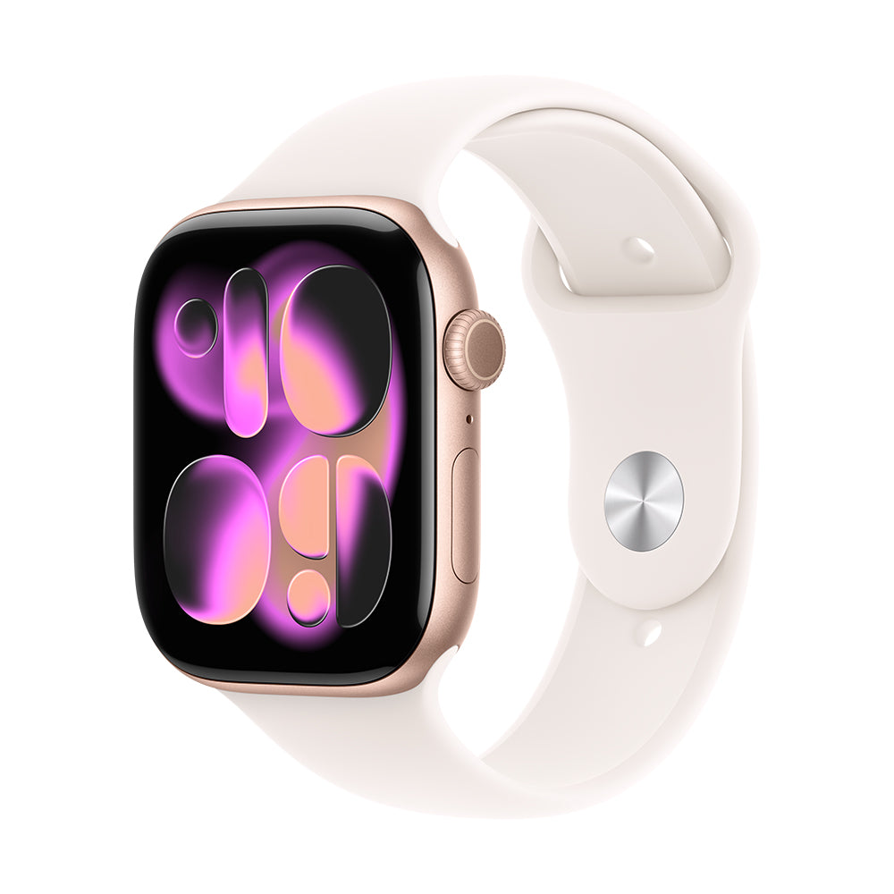 Apple Watch Series 11 GPS - 42 mm ruusukullan värinen alumiinikuori ja punanhäivän värinen urheiluranneke - M/L