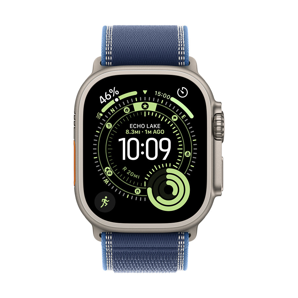 Apple Watch Ultra 3 GPS + Cellular - 49 mm luonnonvaalea titaanikuori ja sininen/kirkkaansininen Trail-ranneke - M/L