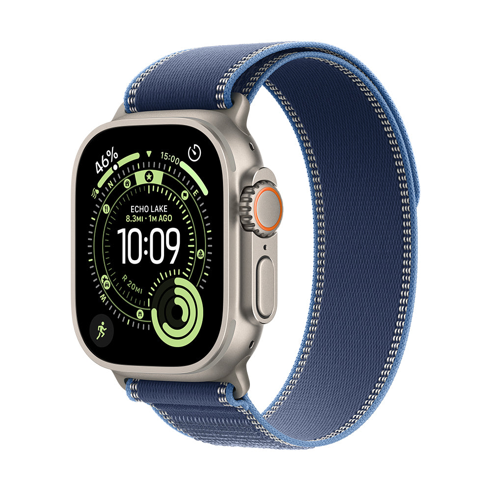 Apple Watch Ultra 3 GPS + Cellular - 49 mm luonnonvaalea titaanikuori ja sininen/kirkkaansininen Trail-ranneke - M/L