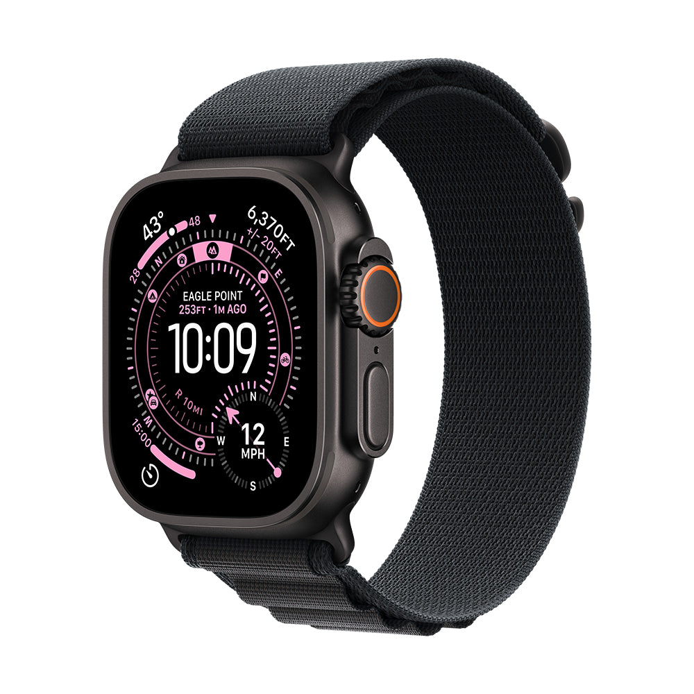 Apple Watch Ultra 3 GPS + Cellular - 49 mm musta titaanikuori ja musta Alpine-ranneke - suuri