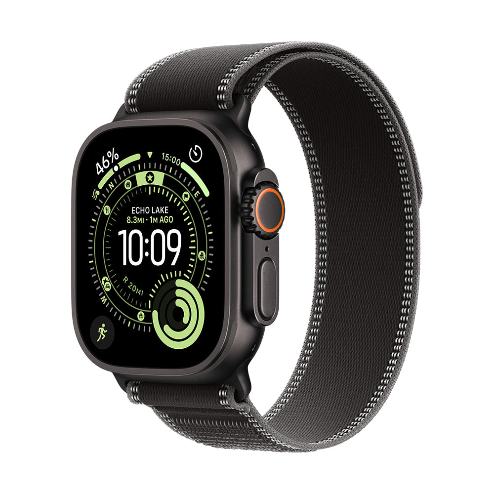 Apple Watch Ultra 3 GPS + Cellular - 49 mm musta titaanikuori ja musta/hiilenvärinen Trail‑ranneke - M/L