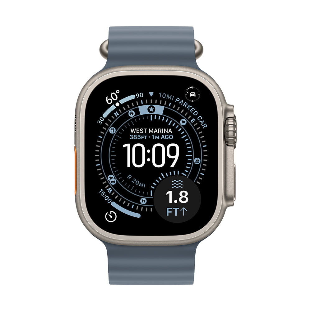 Apple Watch Ultra 3 (GPS + Cellular) - 49 mm luonnonvaalea titaanikuori ja ankkurinsininen Ocean‑ranneke