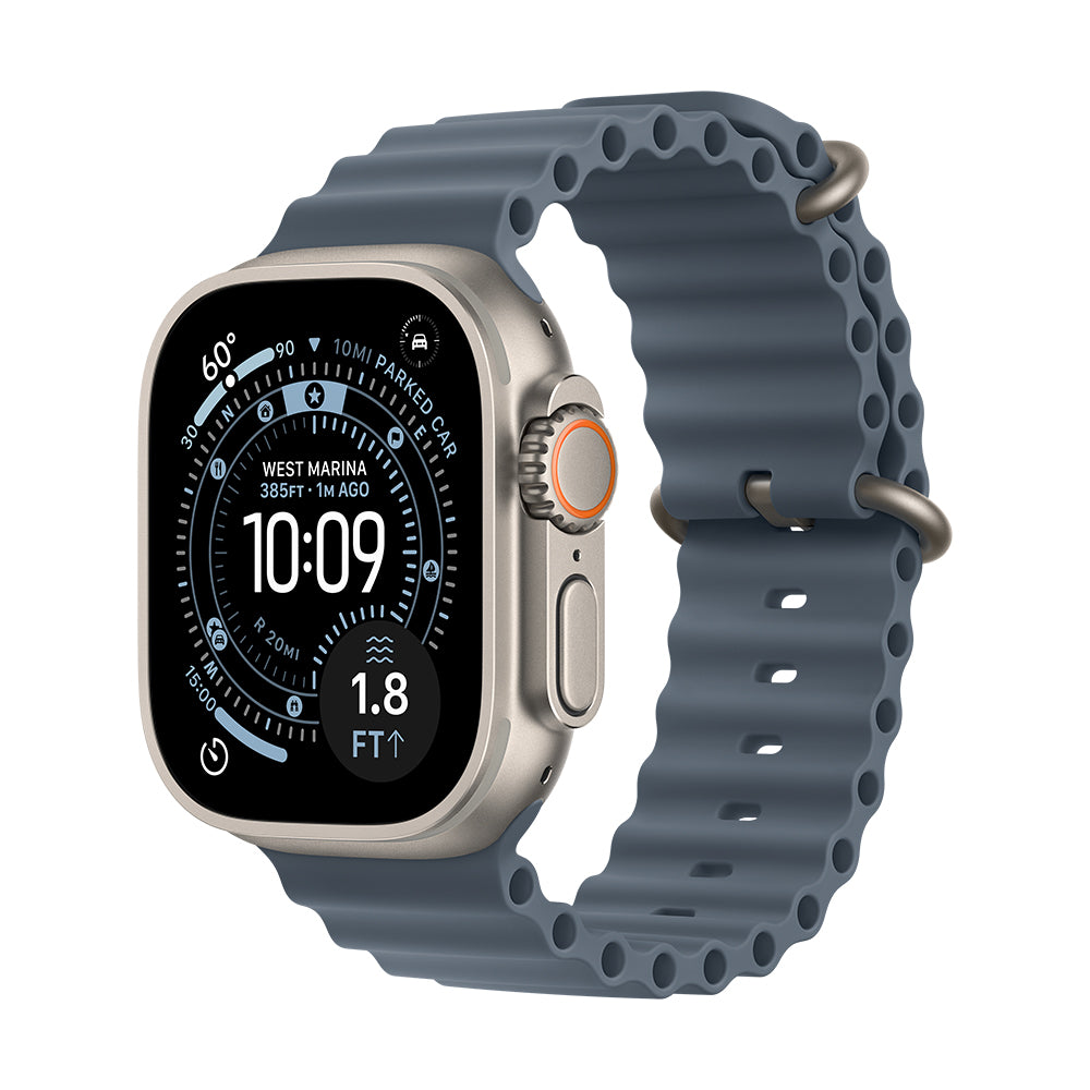 Apple Watch Ultra 3 (GPS + Cellular) - 49 mm luonnonvaalea titaanikuori ja ankkurinsininen Ocean‑ranneke