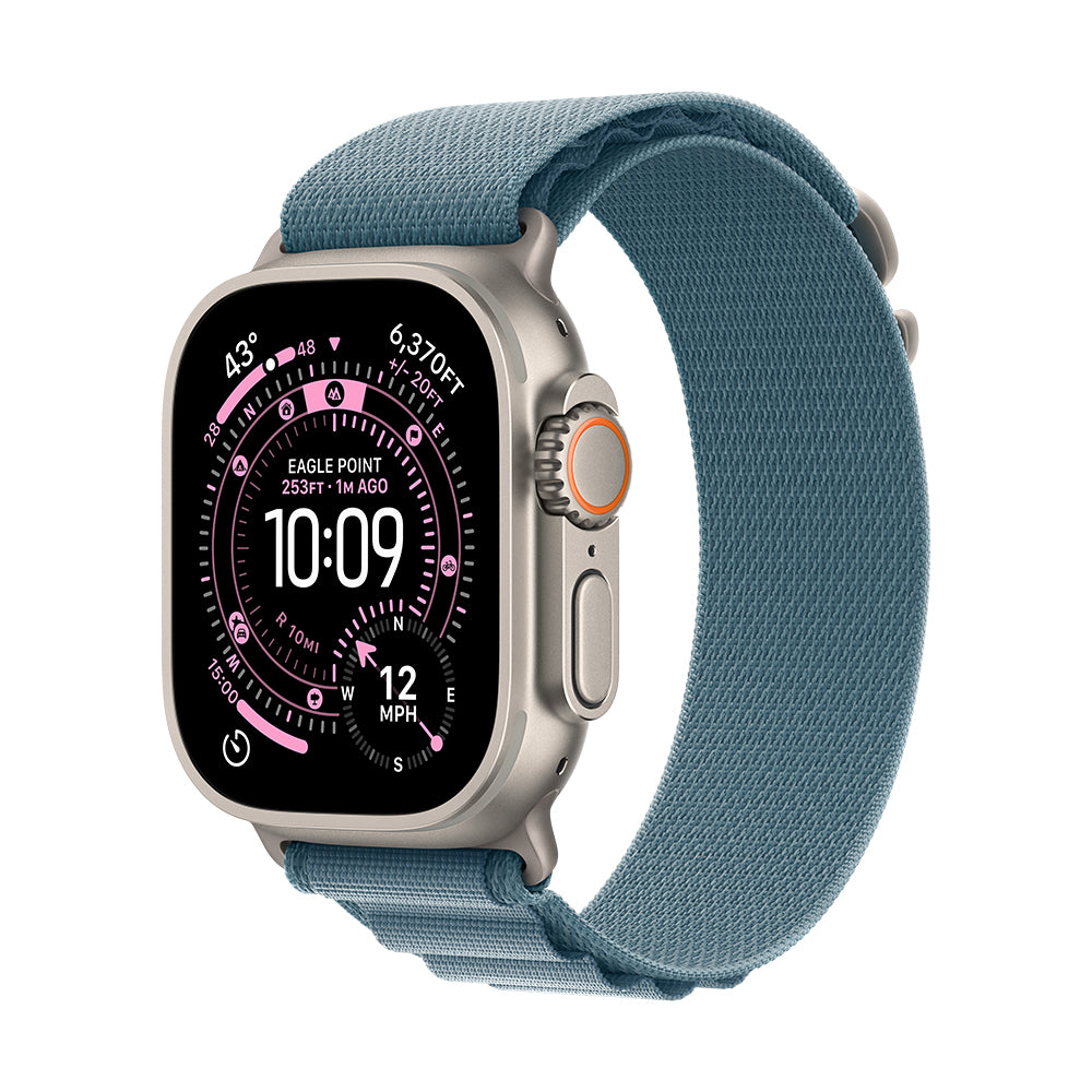 Apple Watch Ultra 3 (GPS + Cellular) - 49 mm luonnonvaalea titaanikuori ja vaaleansininen Alpine-ranneke - suuri