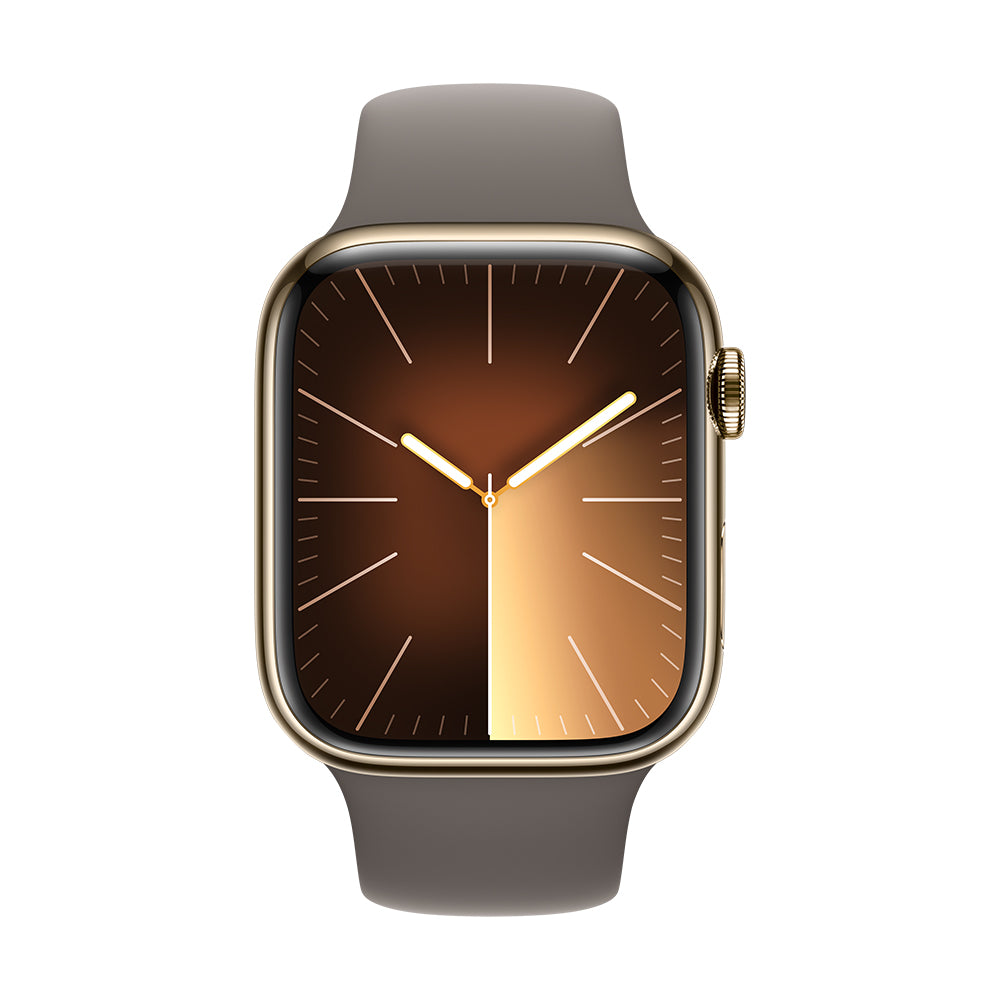 Apple Watch Series 9 (GPS+ Cellular) - 41 mm kultainen ruostumaton teräskuori ja savenvärinen urheiluranneke, M/L