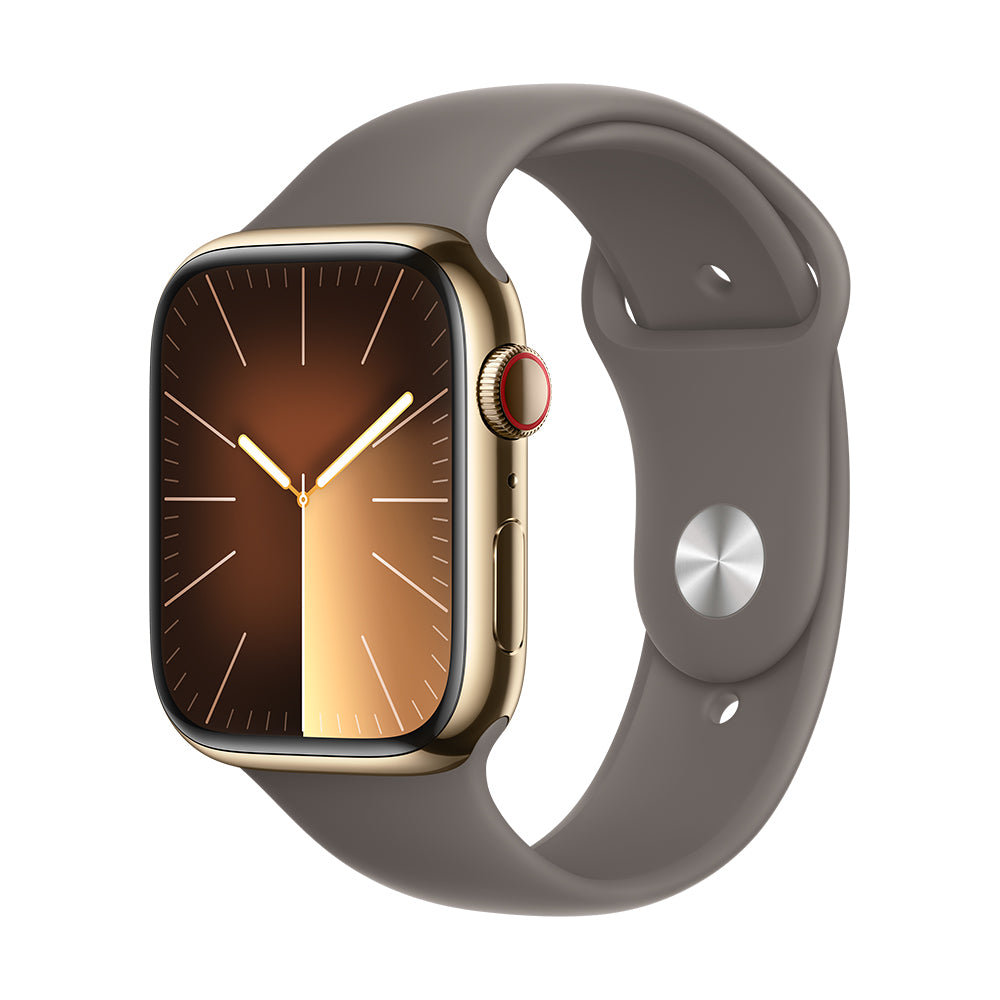 Apple Watch Series 9 (GPS+ Cellular) - 41 mm kultainen ruostumaton teräskuori ja savenvärinen urheiluranneke, S/M