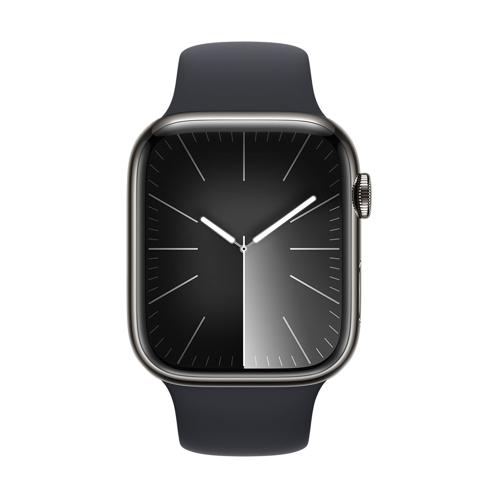 Apple Watch Series 9 (GPS+ Cellular) - 41 mm grafiitinvärinen ruostumaton teräskuori ja keskiyönvärinen urheiluranneke, M/L