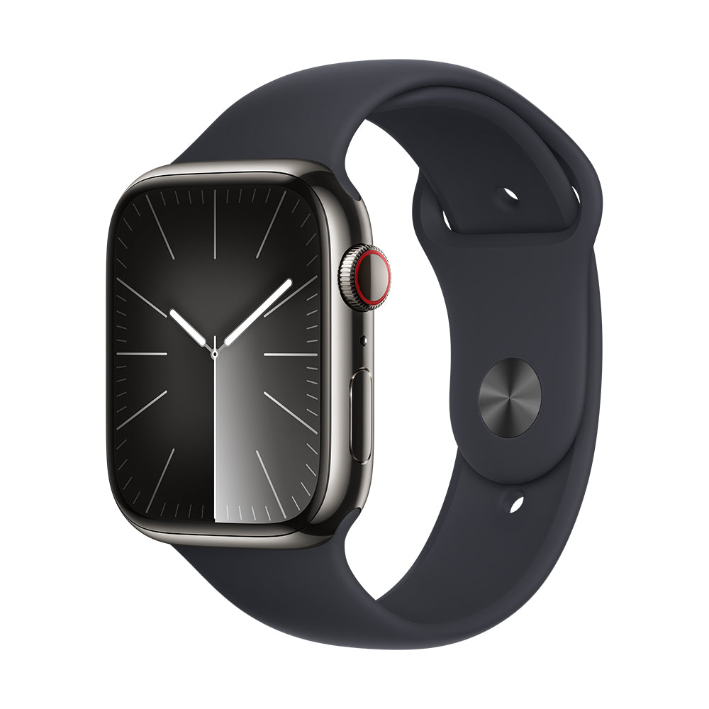 Apple Watch Series 9 (GPS+ Cellular) - 41 mm grafiitinvärinen ruostumaton teräskuori ja keskiyönvärinen urheiluranneke, S/M