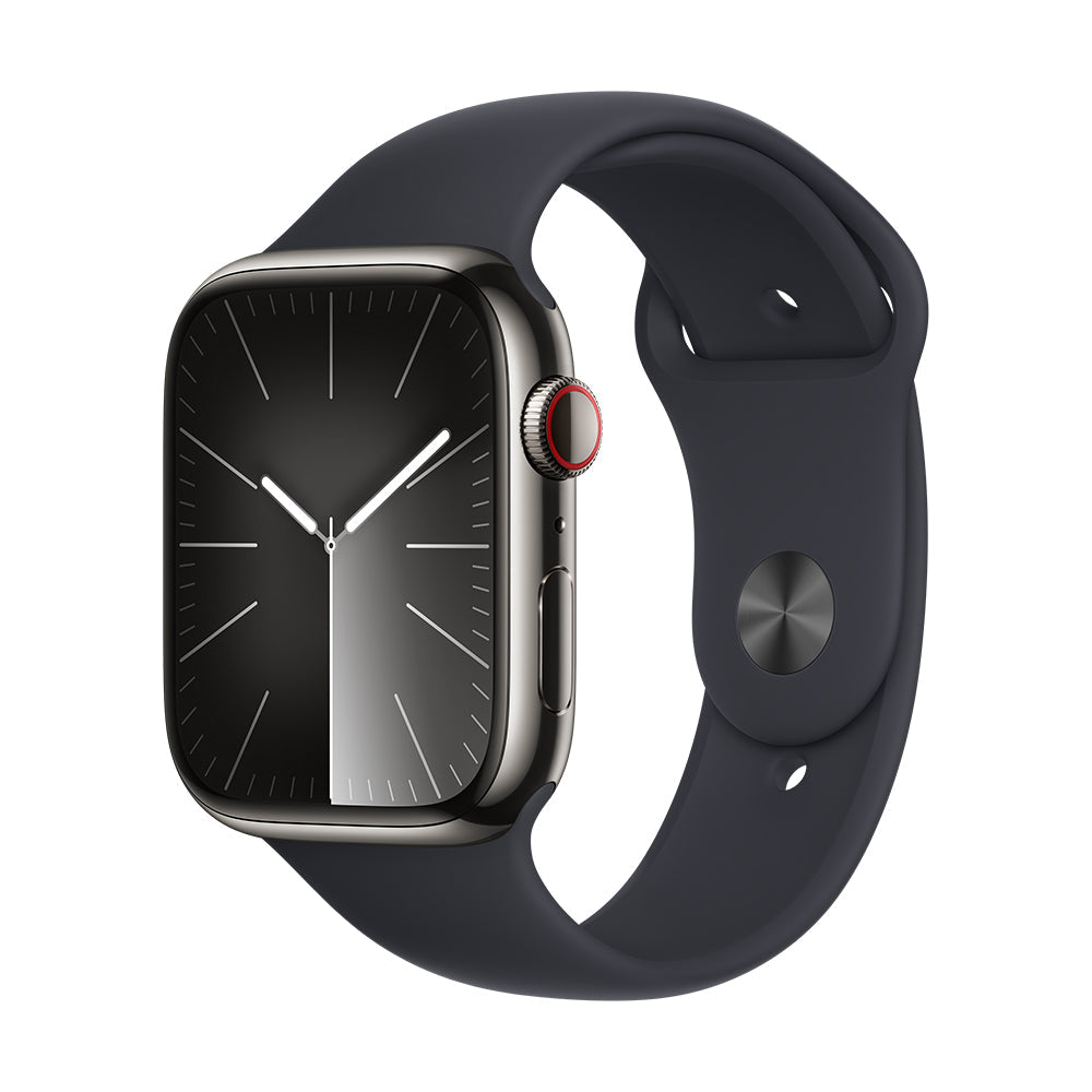 Apple Watch Series 9 (GPS+ Cellular) - 45 mm grafiitinvärinen ruostumaton teräskuori ja keskiyönvärinen urheiluranneke, S/M