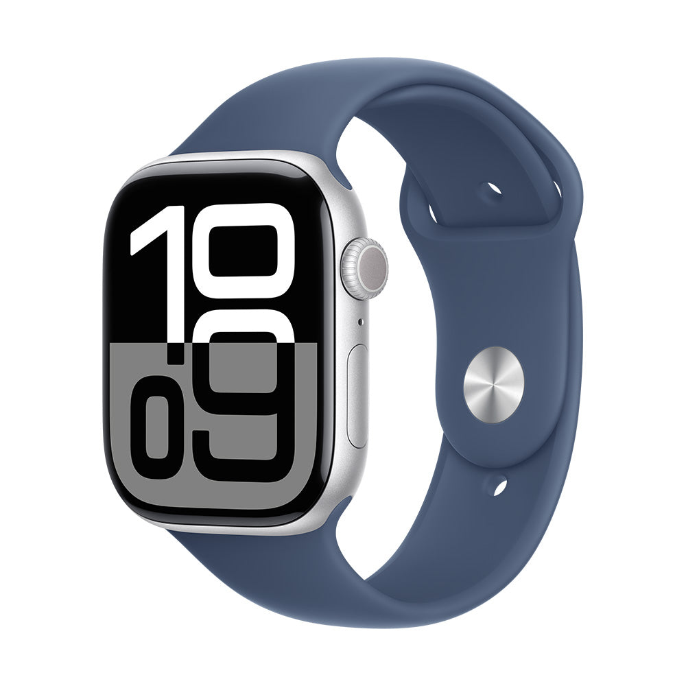 Apple Watch Series 10 (GPS) - 42 mm hopea alumiinikuori ja farkunsininen urheiluranneke - M/L