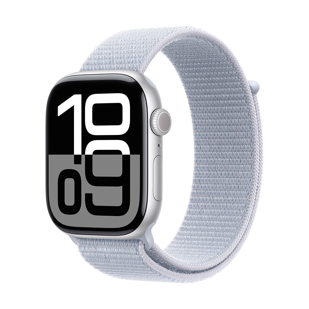 Apple Watch Series 10 (GPS) - 42 mm hopea alumiinikuori ja sinertävä Sport Loop -ranneke