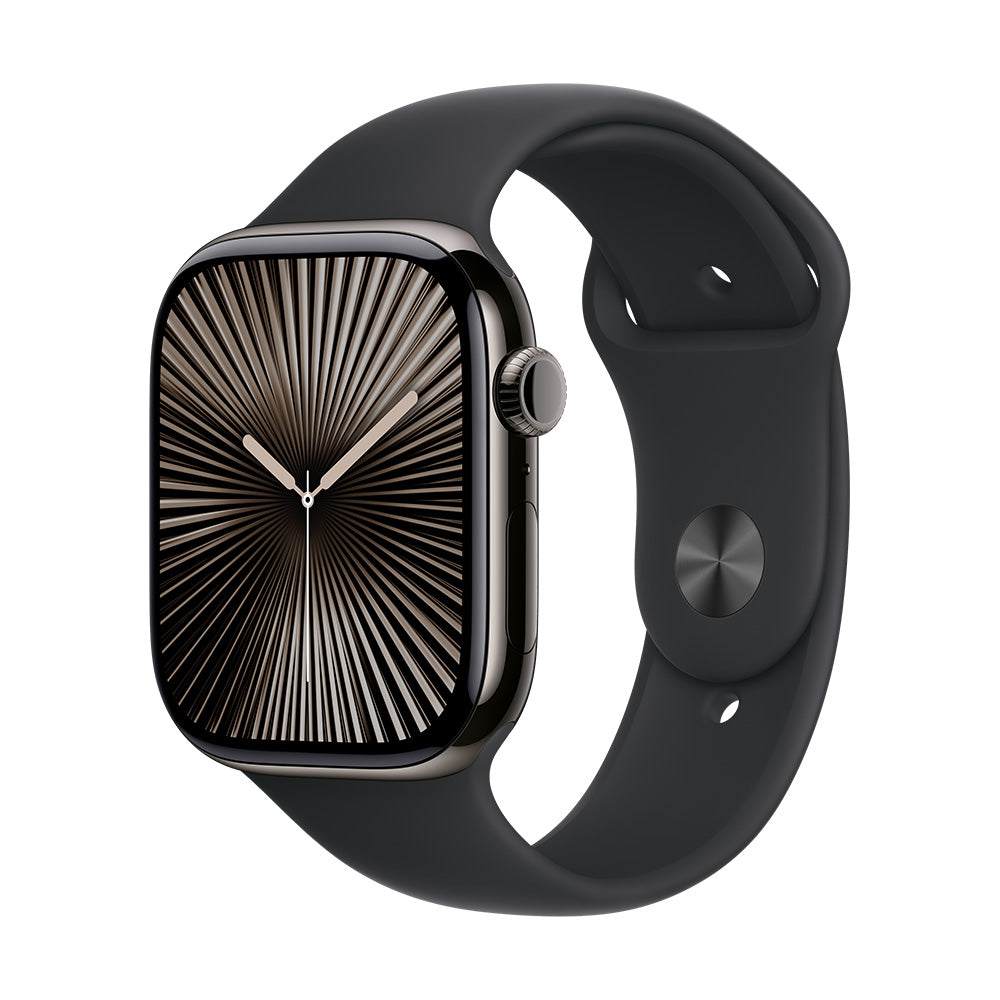 Apple Watch Series 10 (GPS+Cellular) - 42 mm liuskekiven värinen titaanikuori ja musta urheiluranneke - M/L