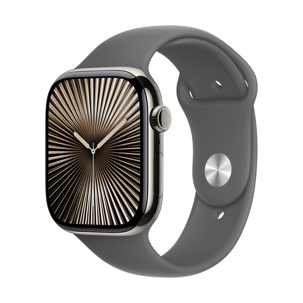 Apple Watch Series 10 (GPS+Cellular) - 46 mm liuskekiven värinen titaanikuori ja liuskeenharmaa urheiluranneke - M/L