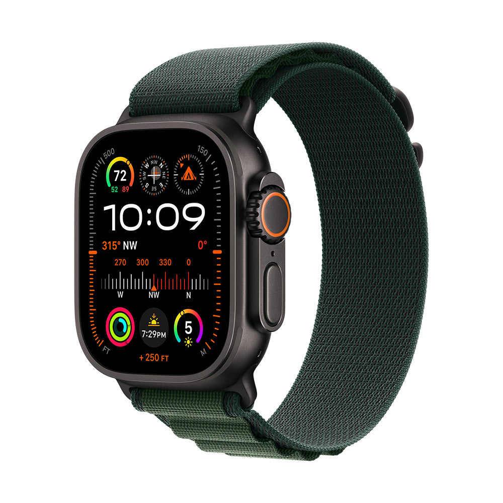 Apple Watch Ultra 2 (GPS+Cellular) - 49 mm musta titaanikuori ja tummanvihreä Alpine -ranneke - suuri