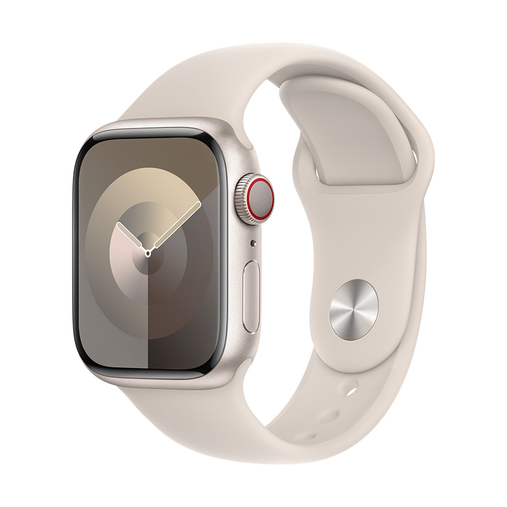 Apple Watch Series 9 (GPS+ Cellular) - 41 mm tähtivalkea alumiinikuori ja urheiluranneke, S/M